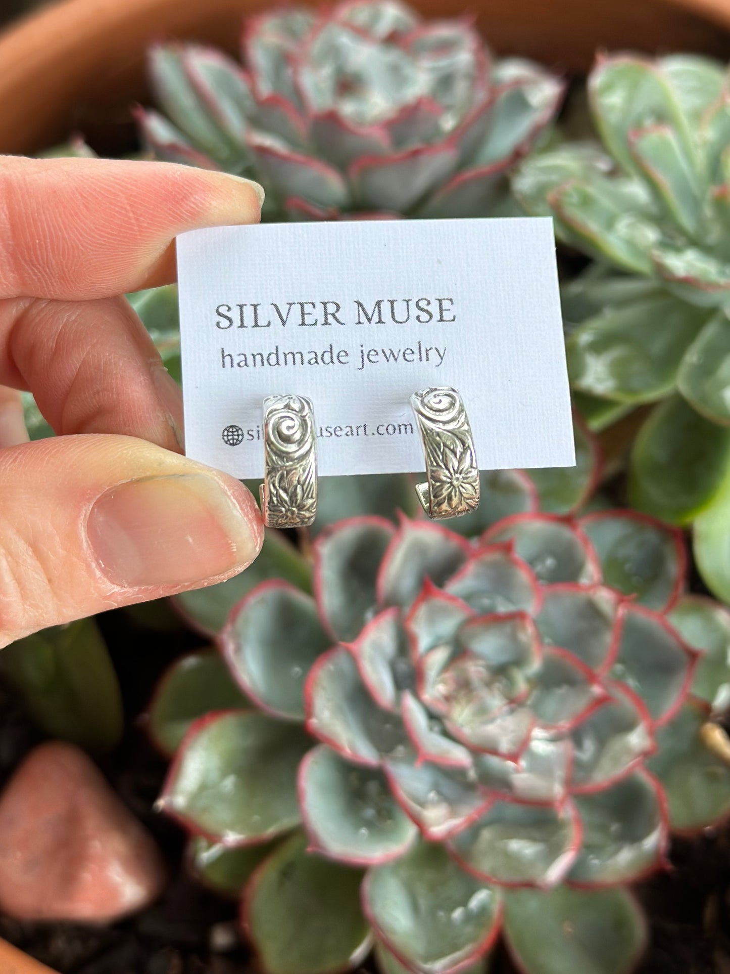 Sterling Silver Mini Hoop Earrings with Swirls and Flowers