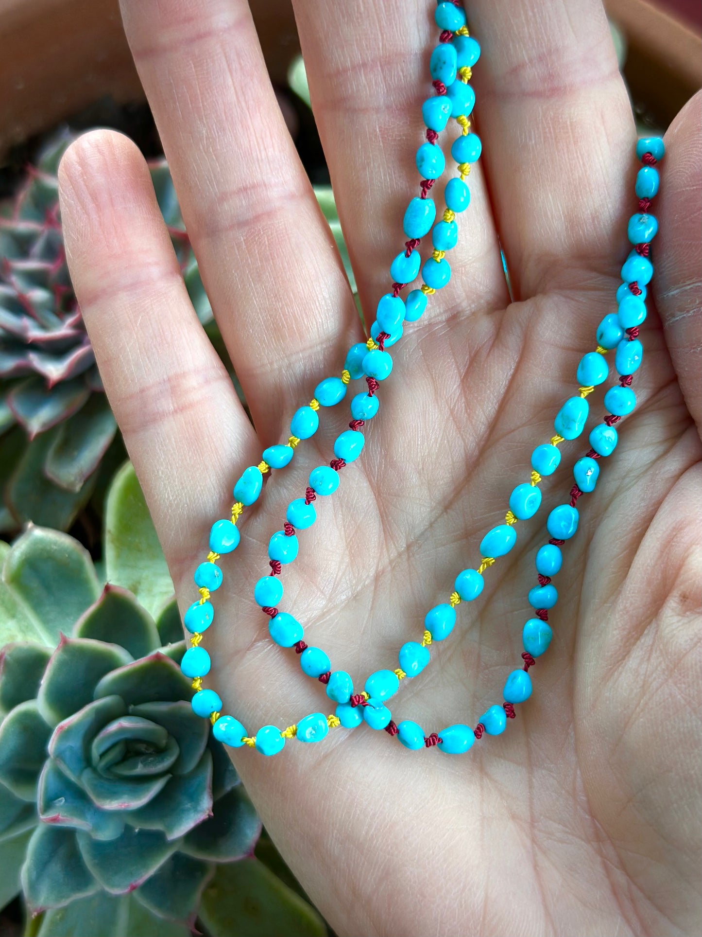 Turquoise Beaded RED Silk Necklace