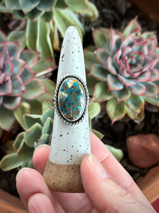 Morenci 2 Turquoise Twist Pyrite Loaded Ring in size 7