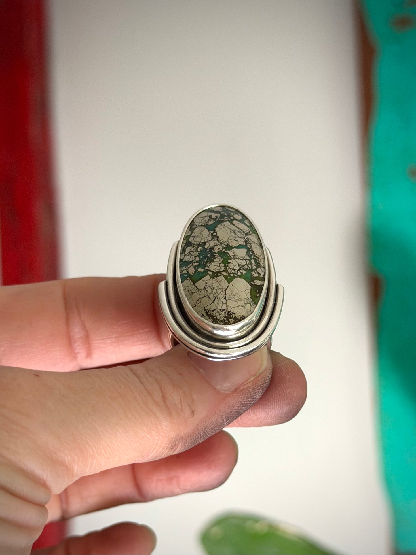 Big Morenci 2 Turquoise Art Deco Ring in Green and Blue with Golden Pyrite size 7.5