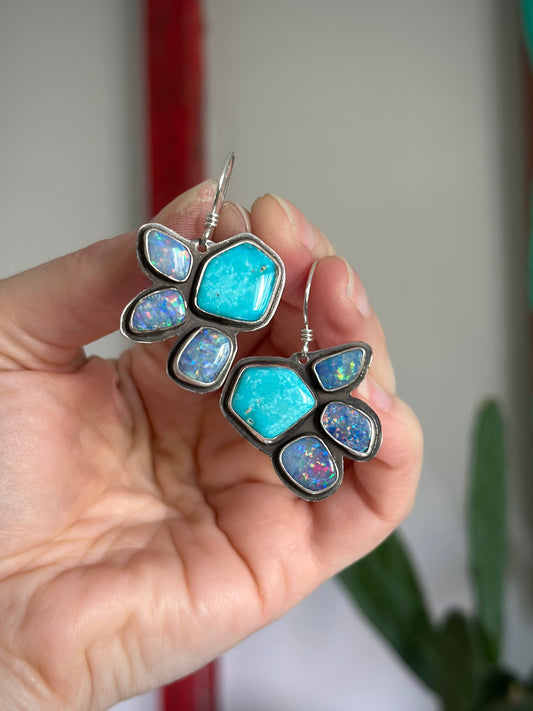 Opal + Turquoise Half Flower Earrings