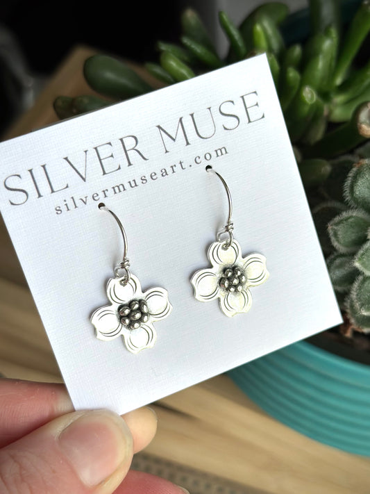 Dogwood Flower Earrings in Sterling Silver