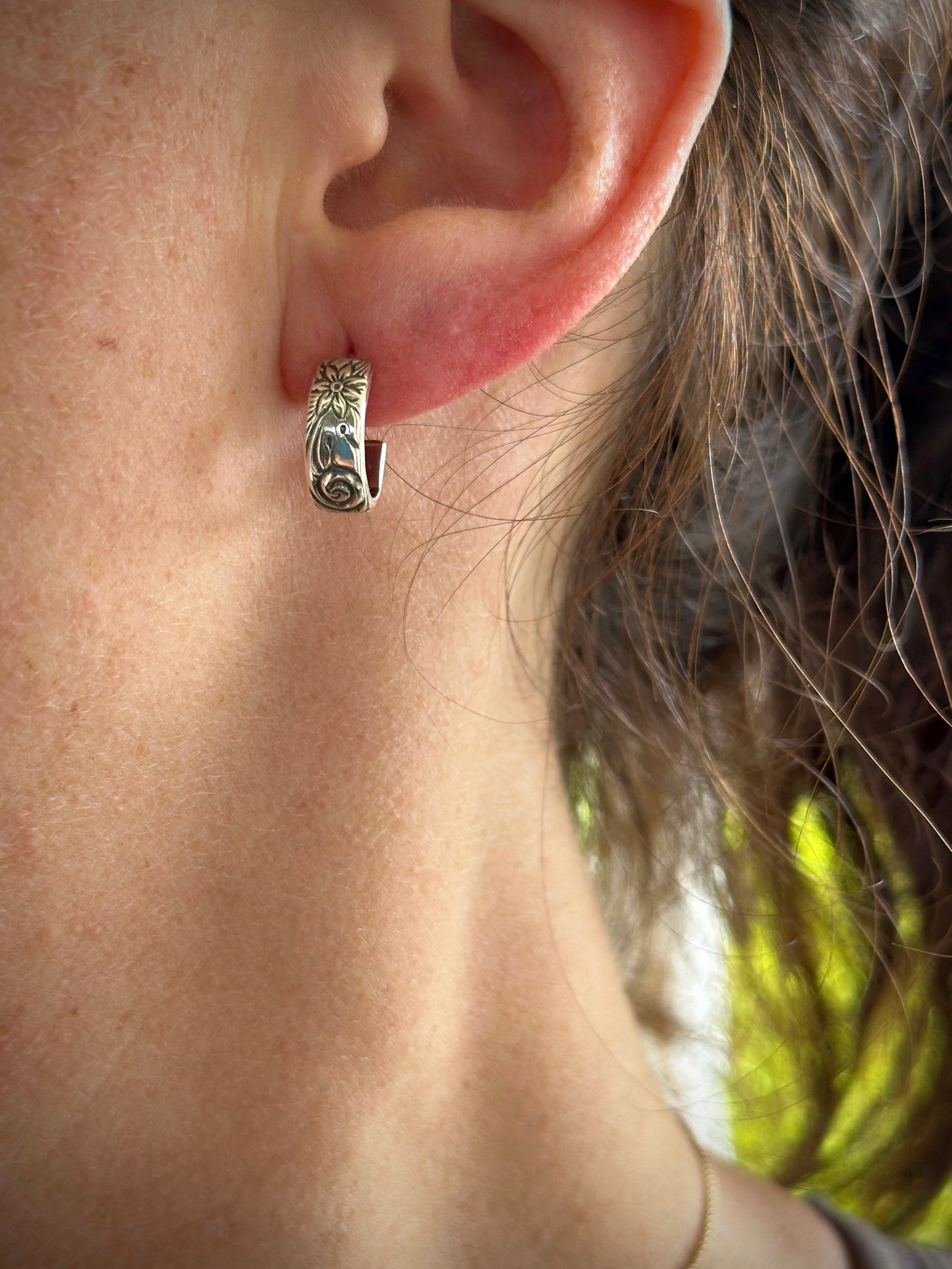 Sterling Silver Mini Hoop Earrings with Swirls and Flowers