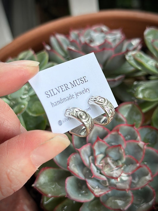 Sterling Silver Mini Hoop Earrings with Swirls and Flowers