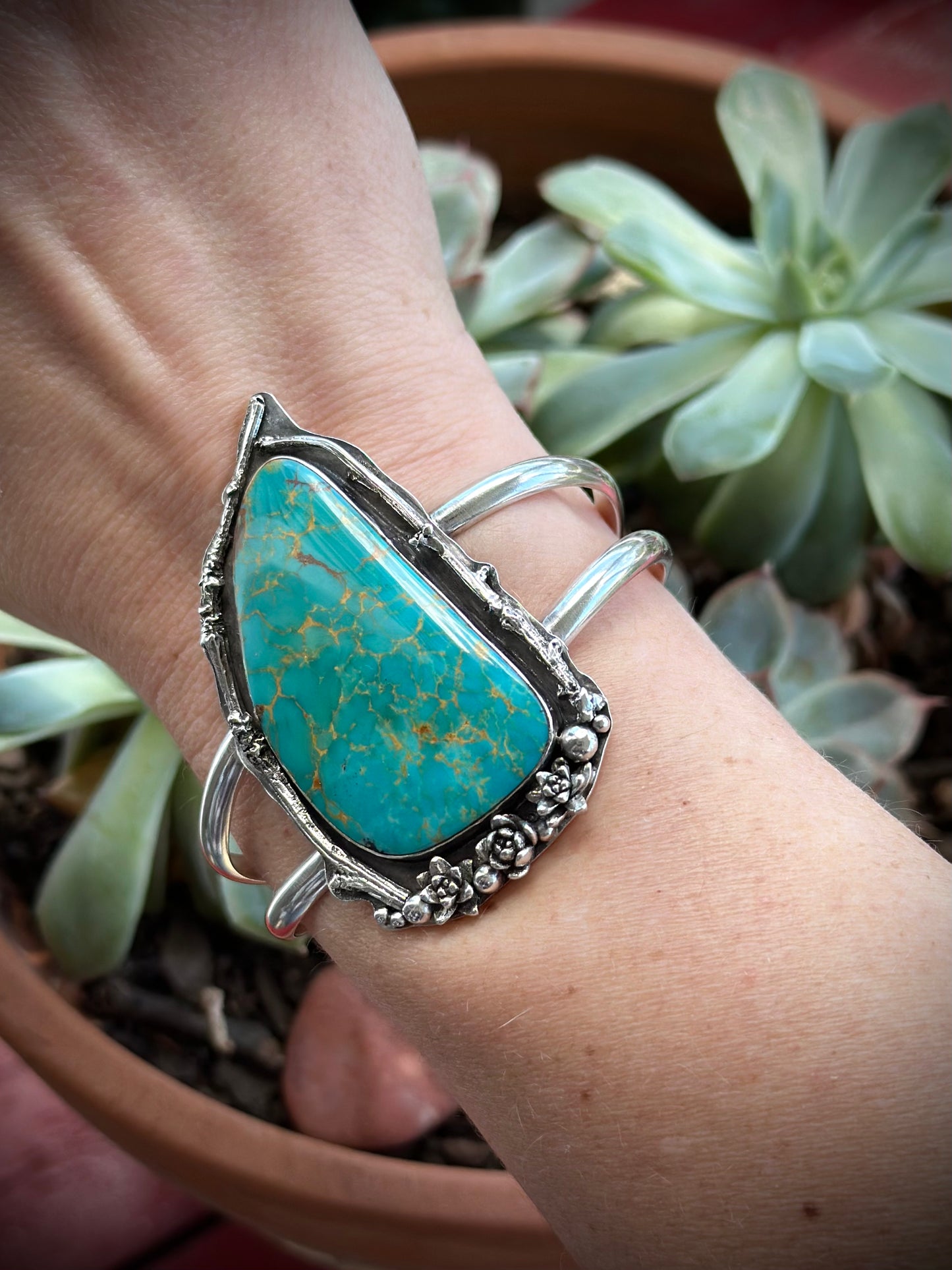 Royston Turquoise Botanical Cuff Bracelet Small 6 inch wrist