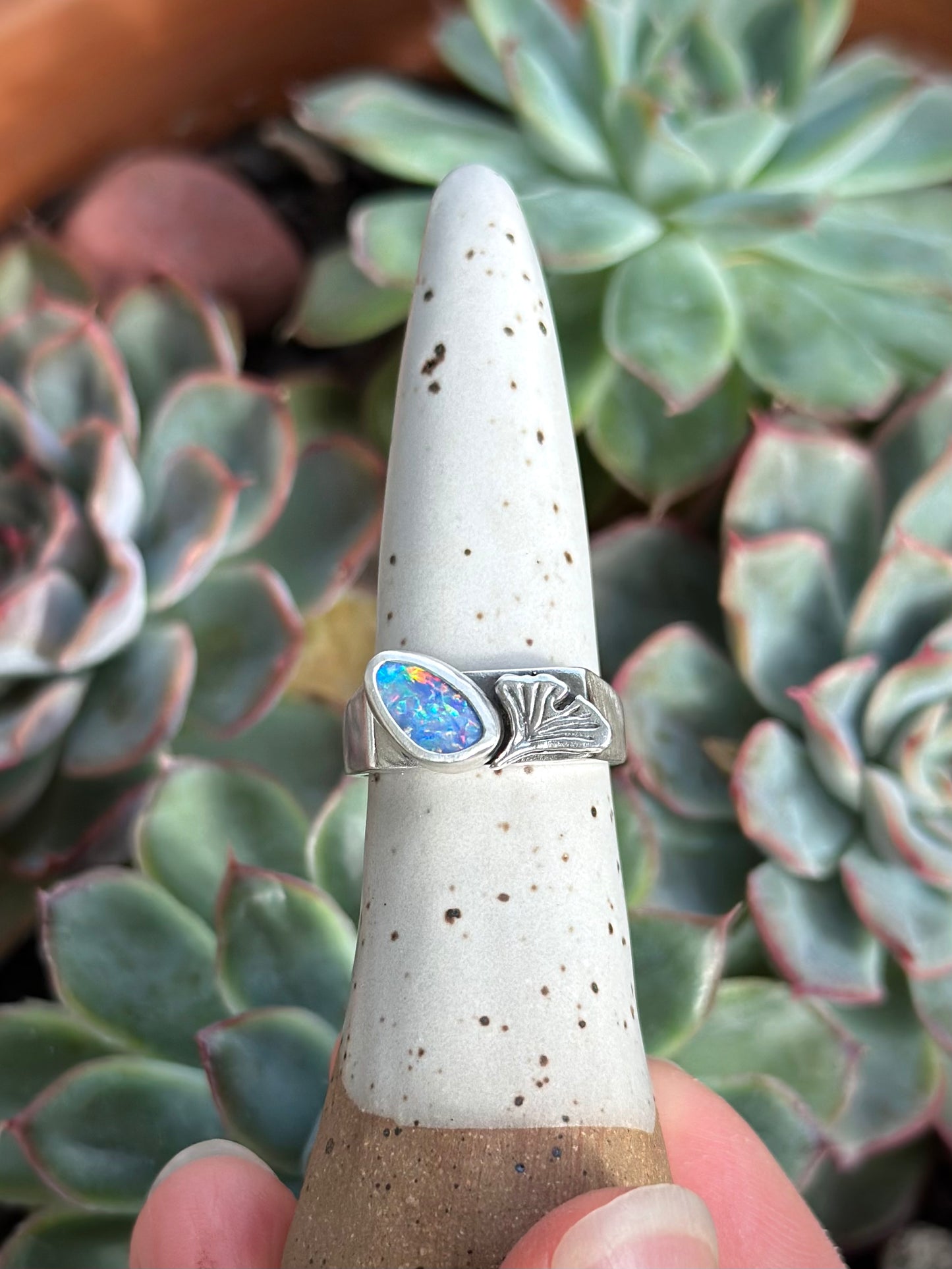 Opal Signet Ginkgo Ring in size 8