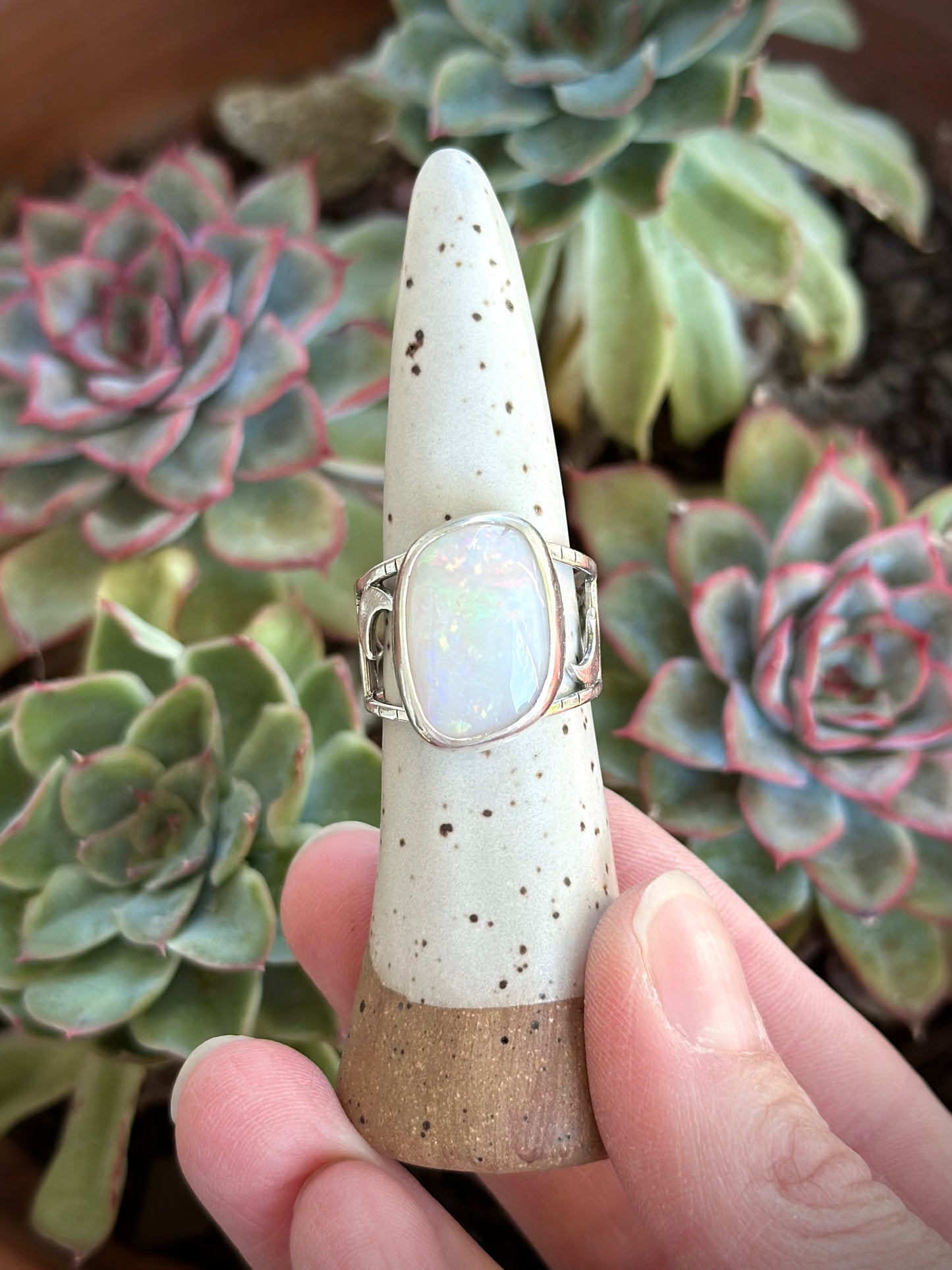 White Opal Moon and Stars Ring size 8.5