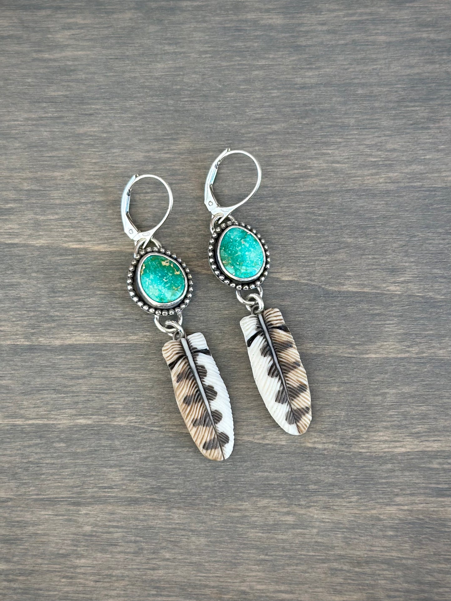 Sonoran Turquoise + Laura Mears Owl Feather Leverback Earrings in Green