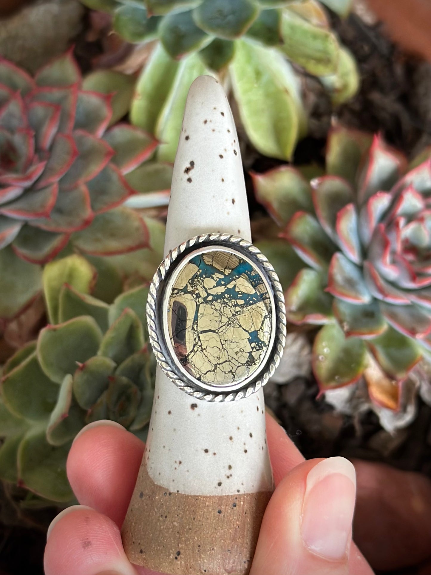 Morenci 2 Turquoise Twist Pyrite Loaded Ring in size 7.75