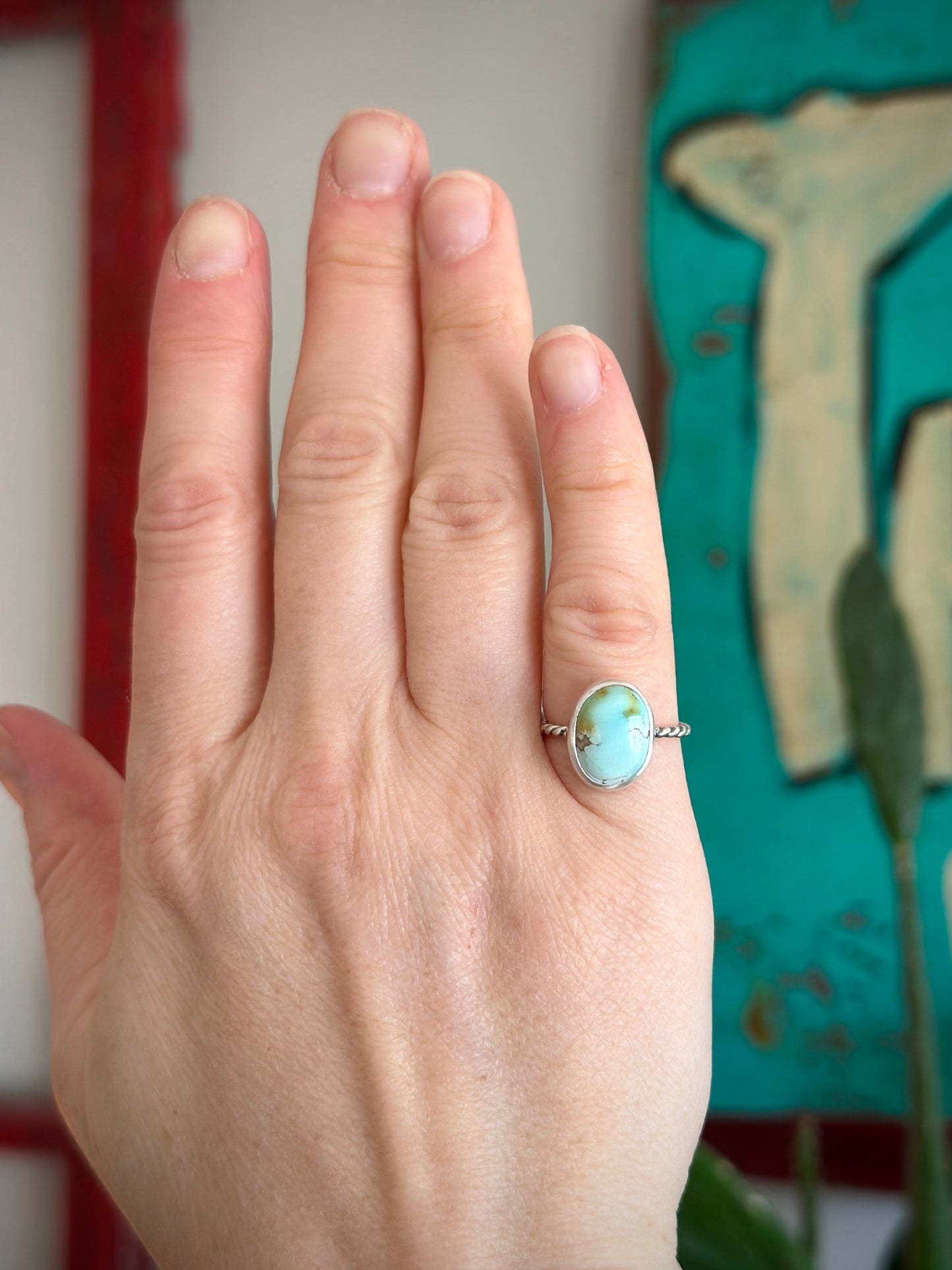 Thunderbird Turquoise Twist Ring in size 5.5