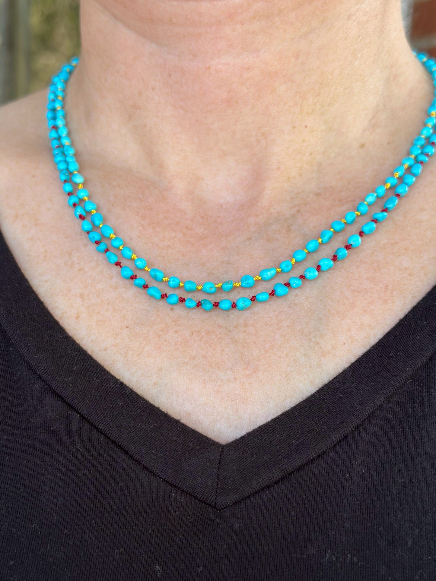 Turquoise Beaded RED Silk Necklace
