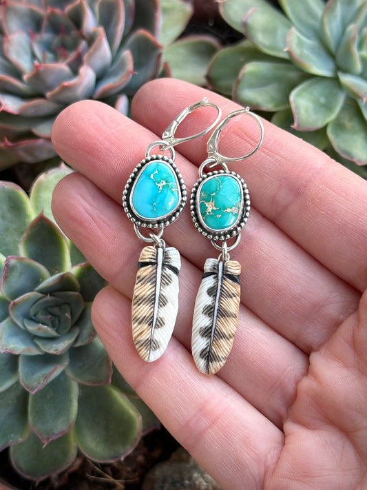 Fox Turquoise + Owl Feather Earrings