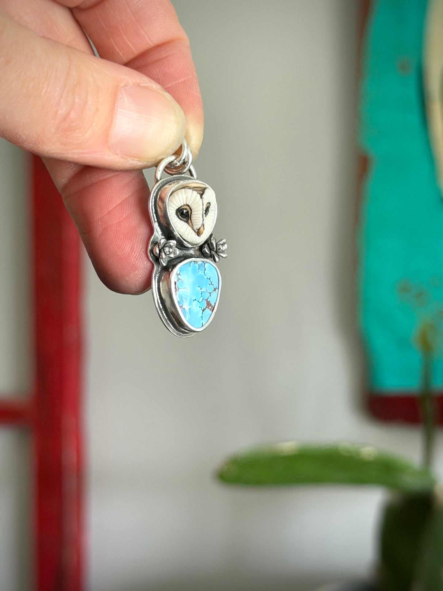 Laura Mears Owl Face Golden Hills Turquoise Pendant with Succulents