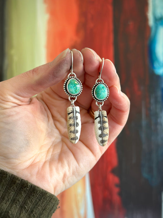 Sonoran Turquoise + Laura Mears Owl Feather Leverback Earrings in Green