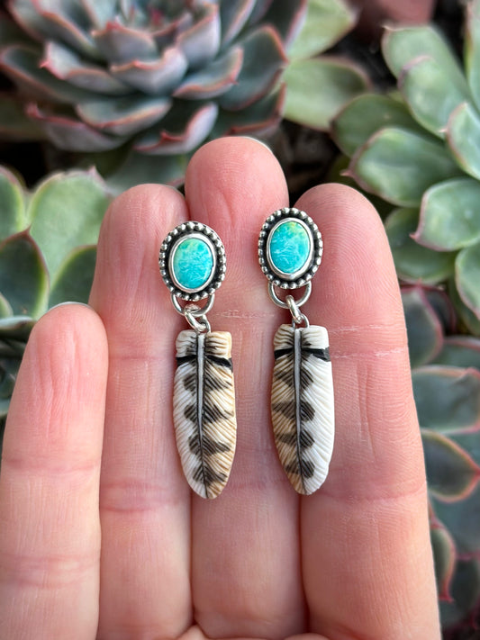 Emerald Valley Turquoise + Owl Feather Stud Earrings