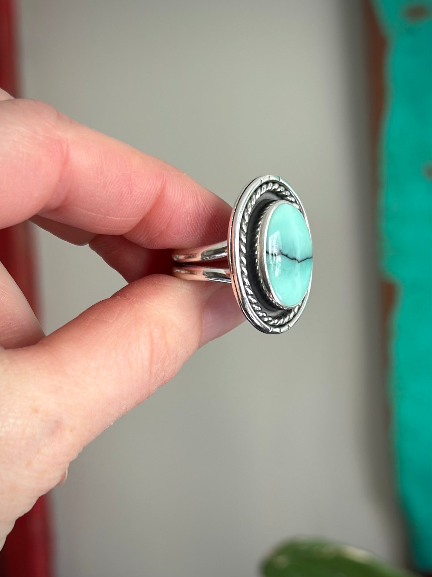 Minty Desert Bloom Variscite Twist Shadowbox Ring in size 7