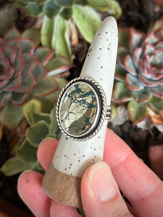 Morenci 2 Turquoise Twist Pyrite Loaded Ring in size 7.75