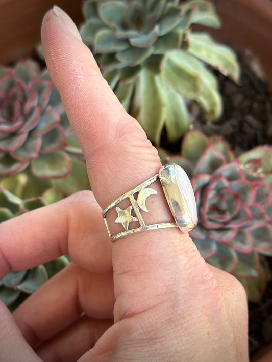 White Opal Moon and Stars Ring size 8.5