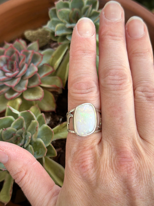 White Opal Moon and Stars Ring size 8.5