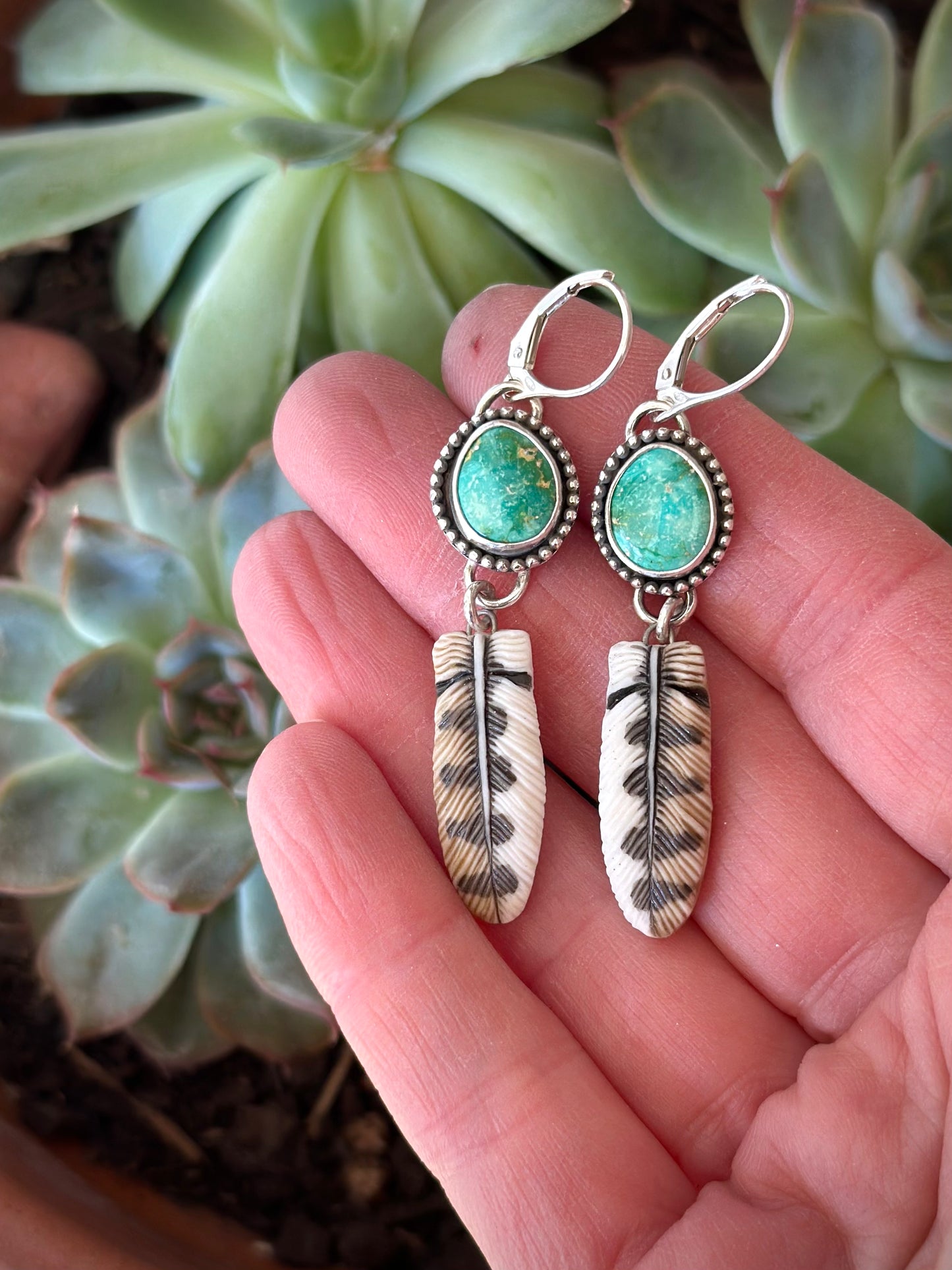Sonoran Turquoise + Laura Mears Owl Feather Leverback Earrings in Green