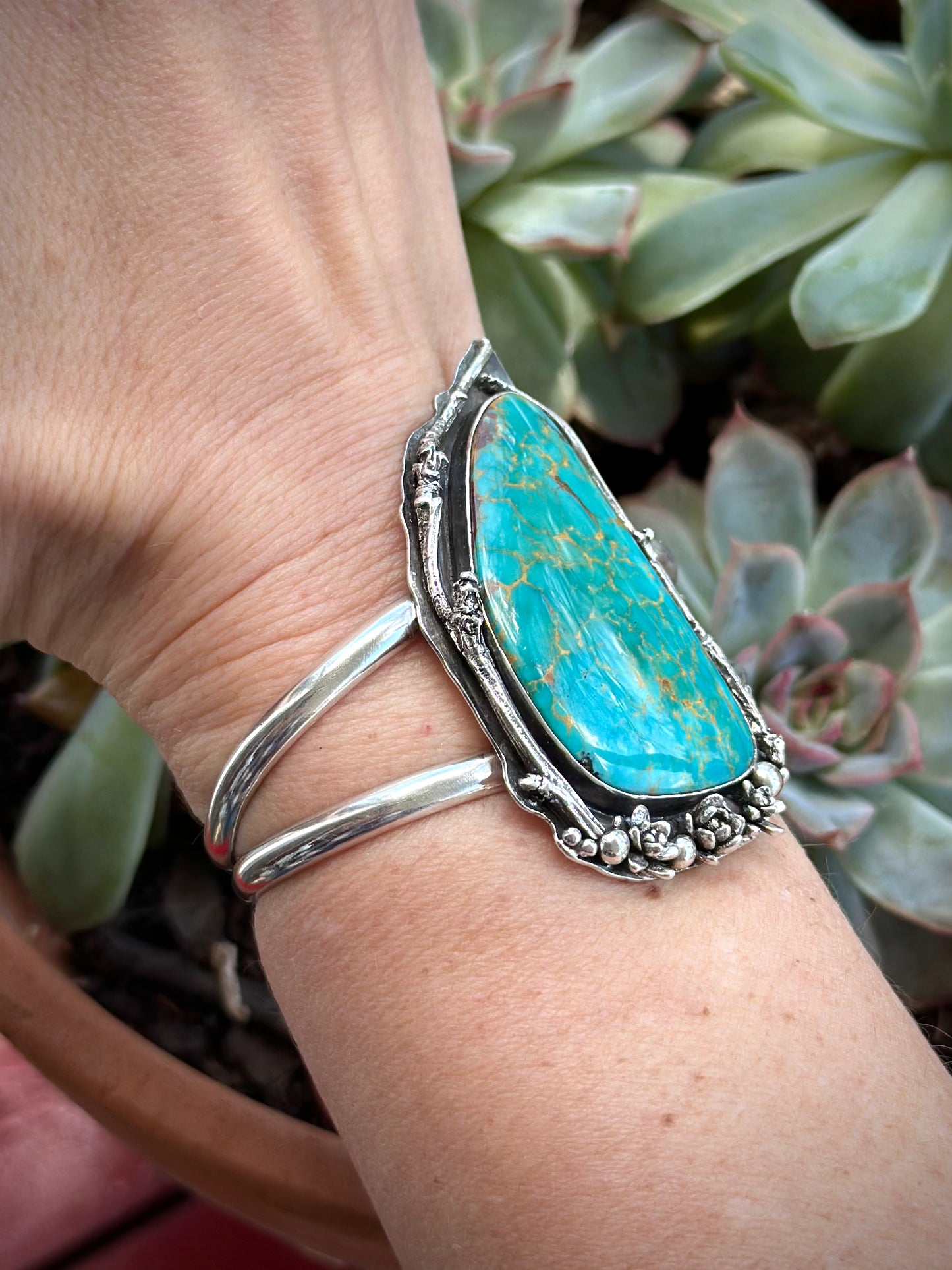 Royston Turquoise Botanical Cuff Bracelet Small 6 inch wrist
