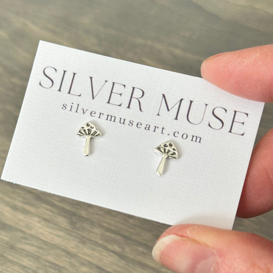Amanita Muscaria Mushroom Stud Earrings in Sterling Silver