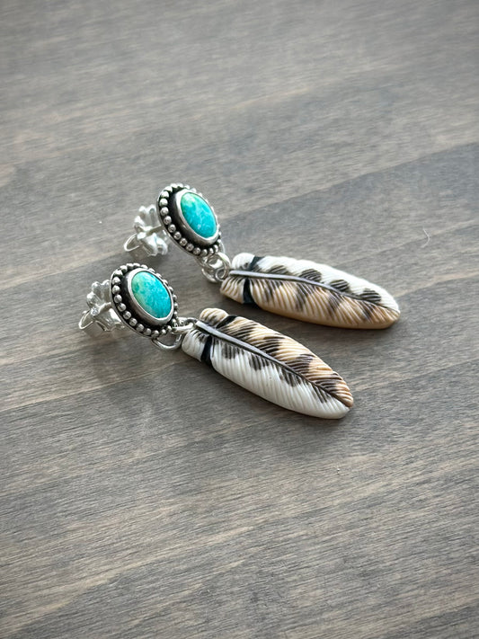 Emerald Valley Turquoise + Owl Feather Stud Earrings