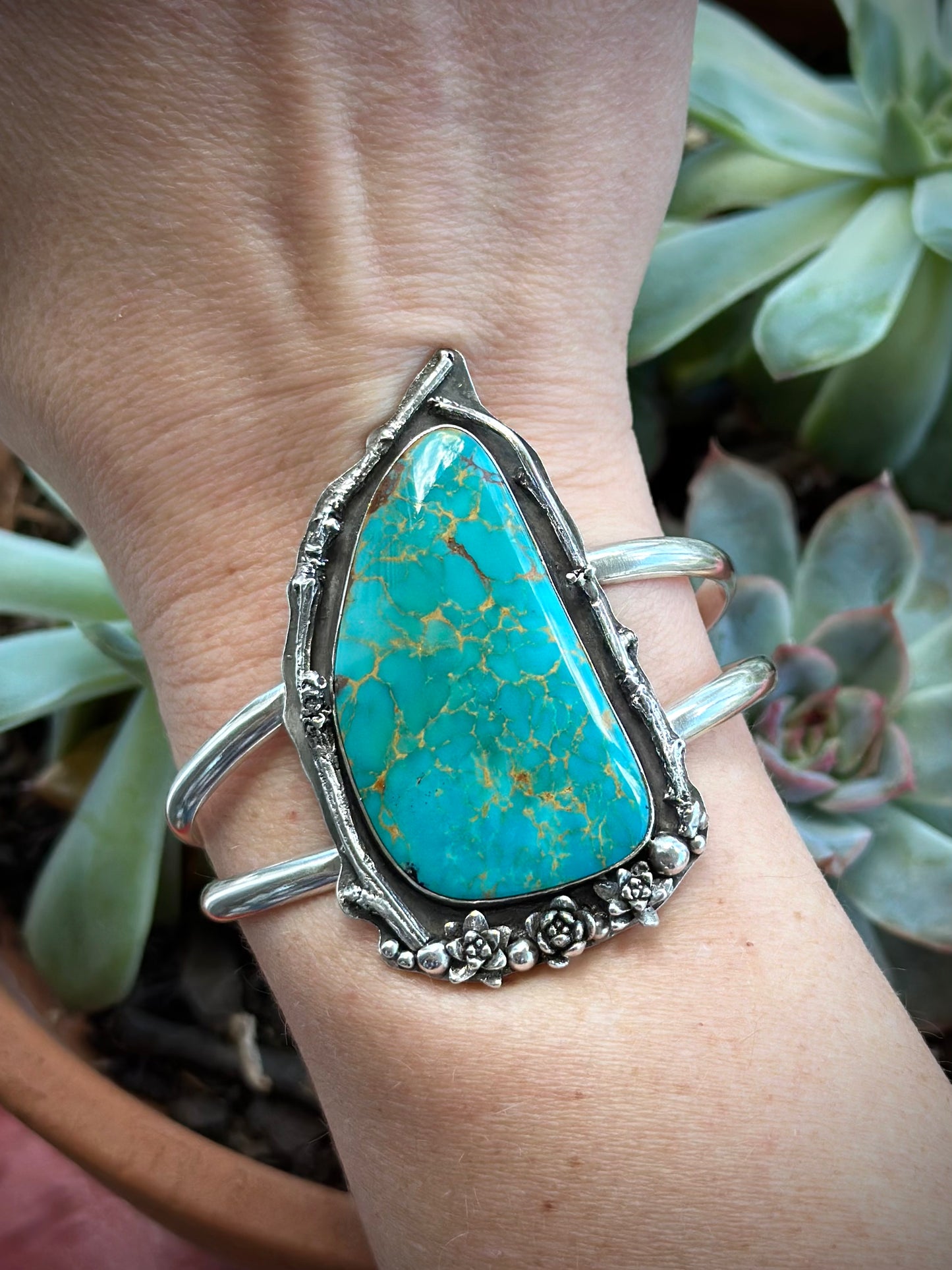 Royston Turquoise Botanical Cuff Bracelet Small 6 inch wrist