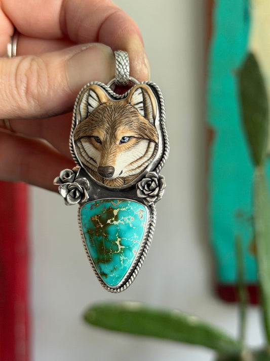 High Grade Royston Turquoise Laura Mears Wolf Pendant with Succulents