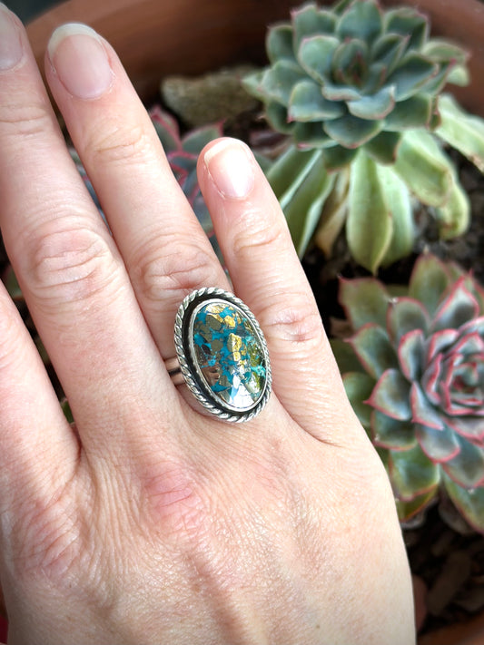 Morenci 2 Turquoise Twist Pyrite Loaded Ring in size 7