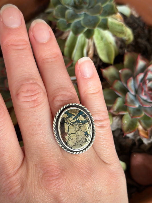 Morenci 2 Turquoise Twist Pyrite Loaded Ring in size 7.75