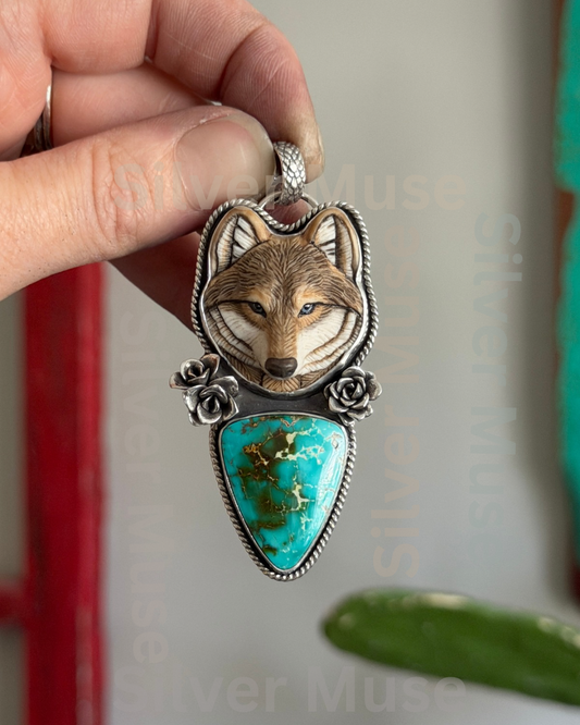 High Grade Royston Turquoise Laura Mears Wolf Pendant with Succulents