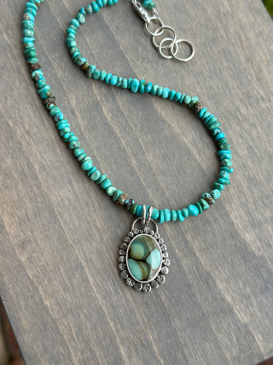 Desert Bloom Variscite Pendant with Sierra Nevada Turquoise Bead Necklace