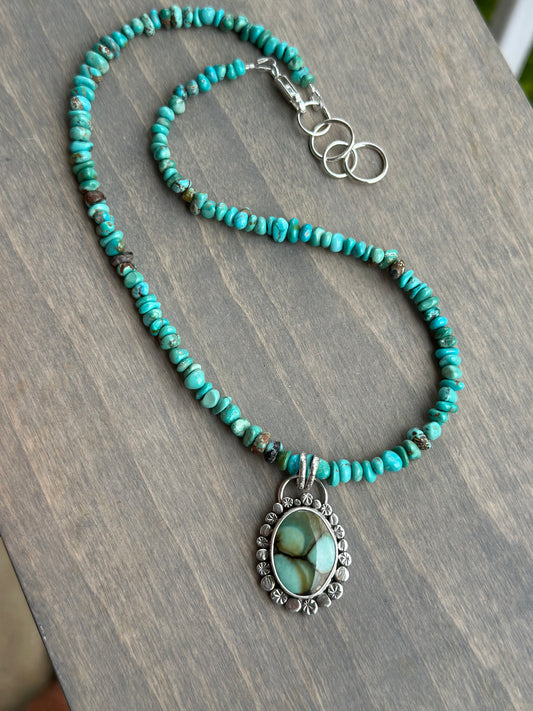 Desert Bloom Variscite Pendant with Sierra Nevada Turquoise Bead Necklace