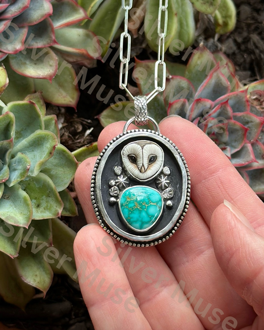 Fox Turquoise + Laura Mears Owl Face Shadowbox Stars Pendant