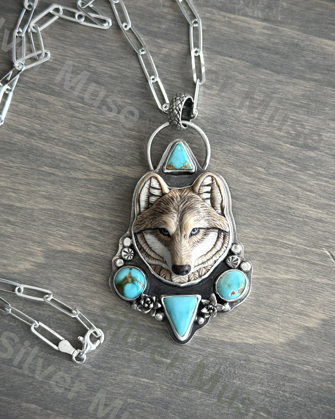 Natural Thunderbird Turquoise + Laura Mears Wolf Face Pendant with Succulents