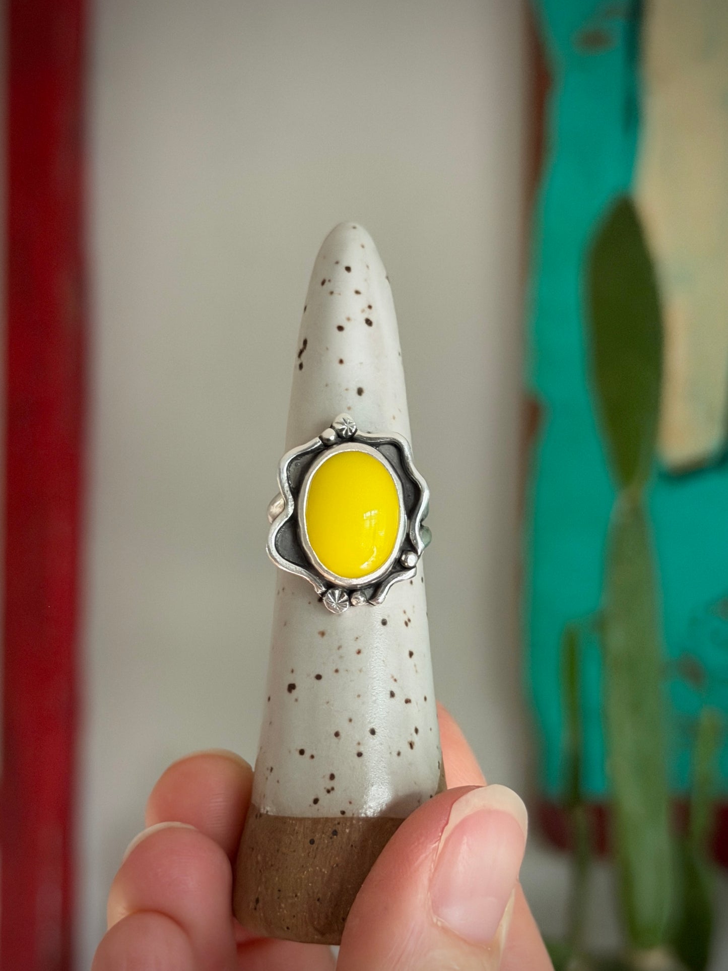 Yellow Rosarita Slag Glass Ring Gothic Vibes in size 6.75