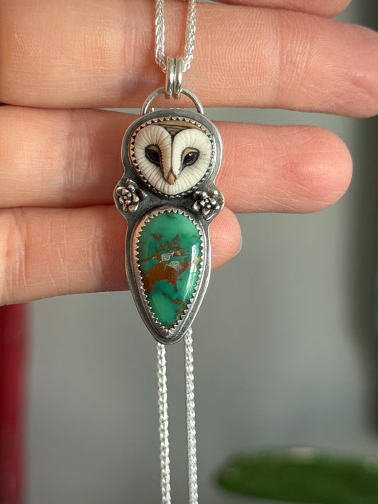 Laura Mears Owl Pendant with Turquoise in Green + Succulents
