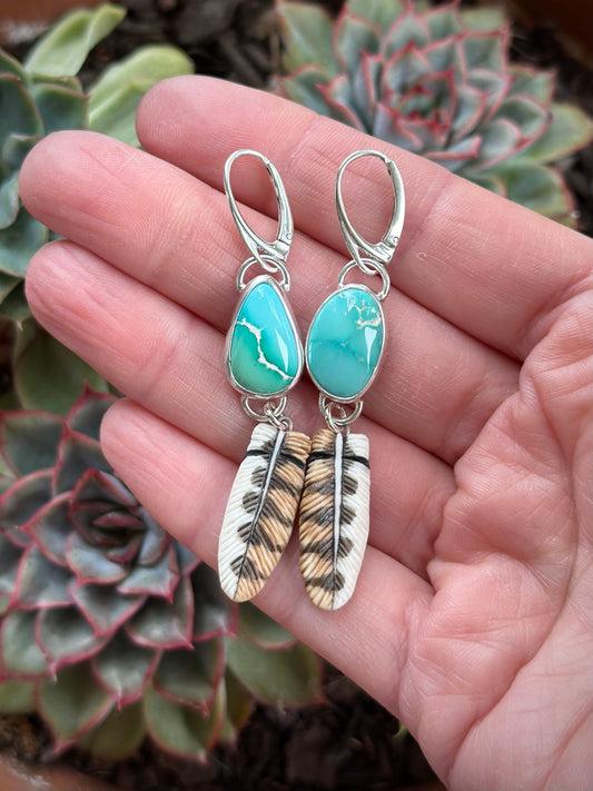 Fox and Emerald Valley Turquoise + Laura Mears Owl Feather Leverback Earrings