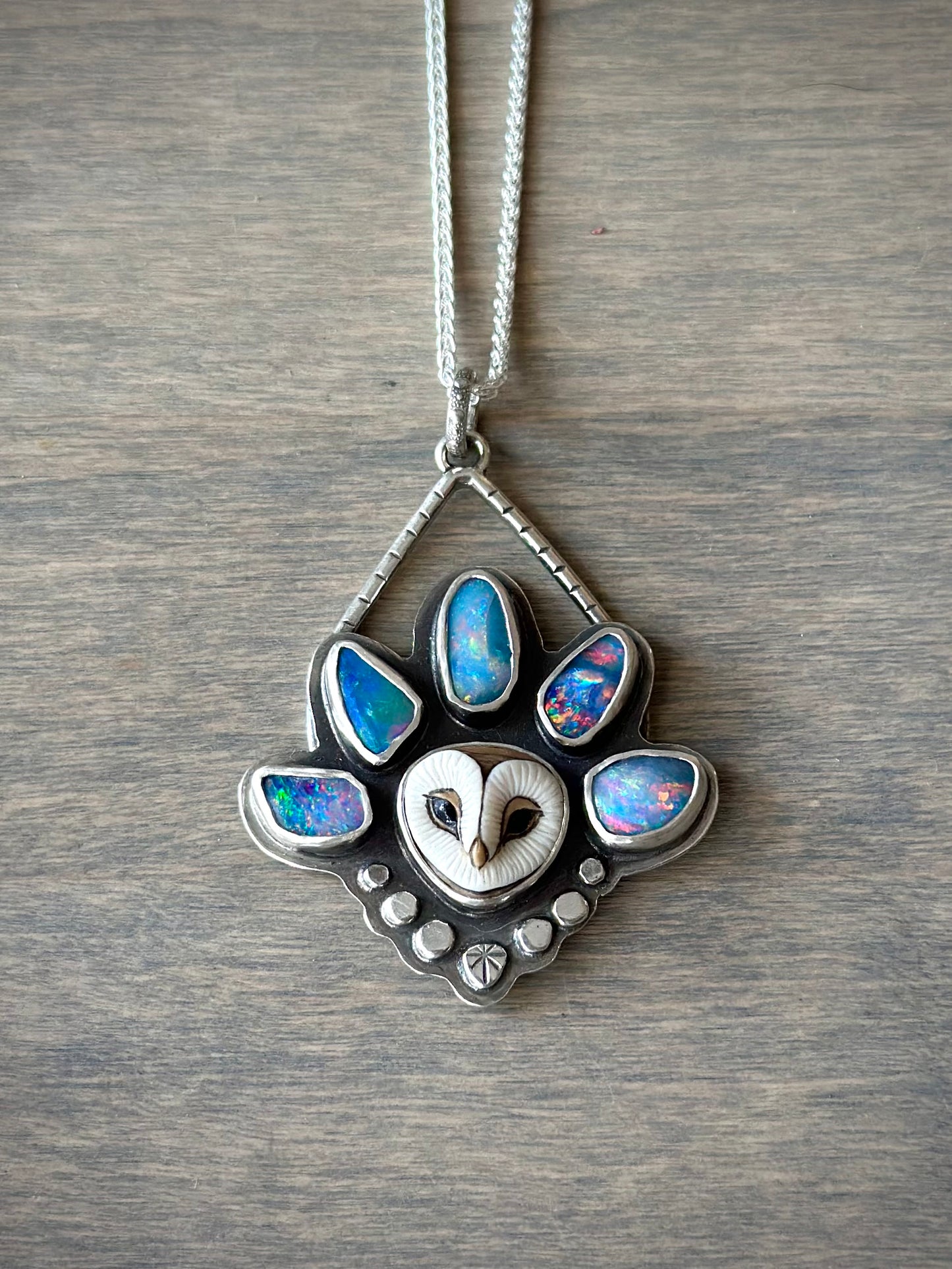 Opal Crowned Athena Laura Mears Owl Pendant in Purple + Blue