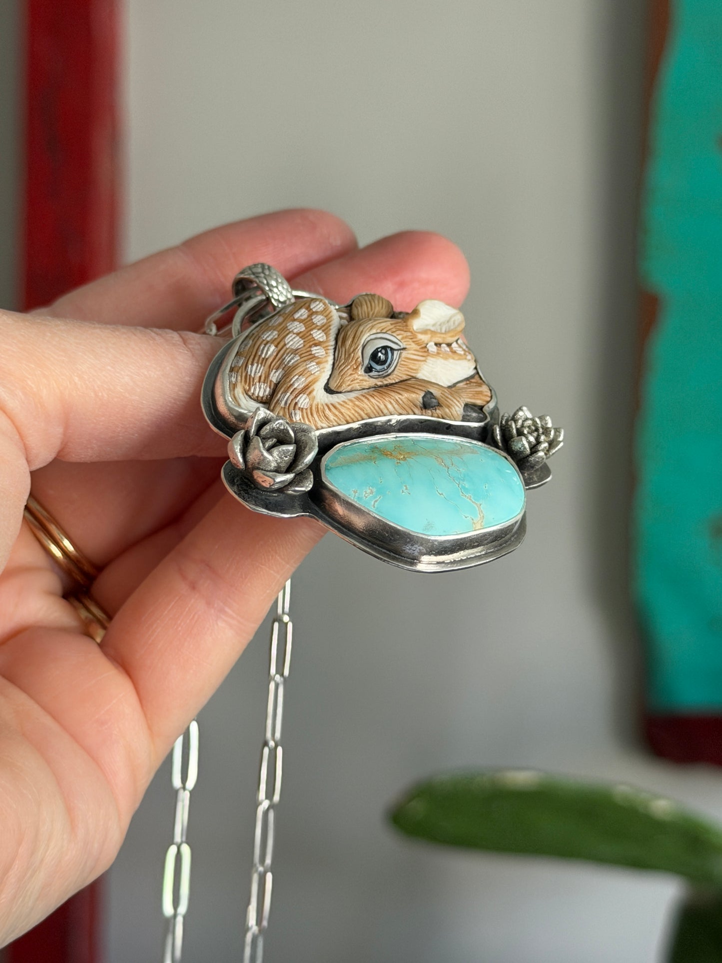 As Is Royston Turquoise Laura Mears Fawn Pendant with Succulents