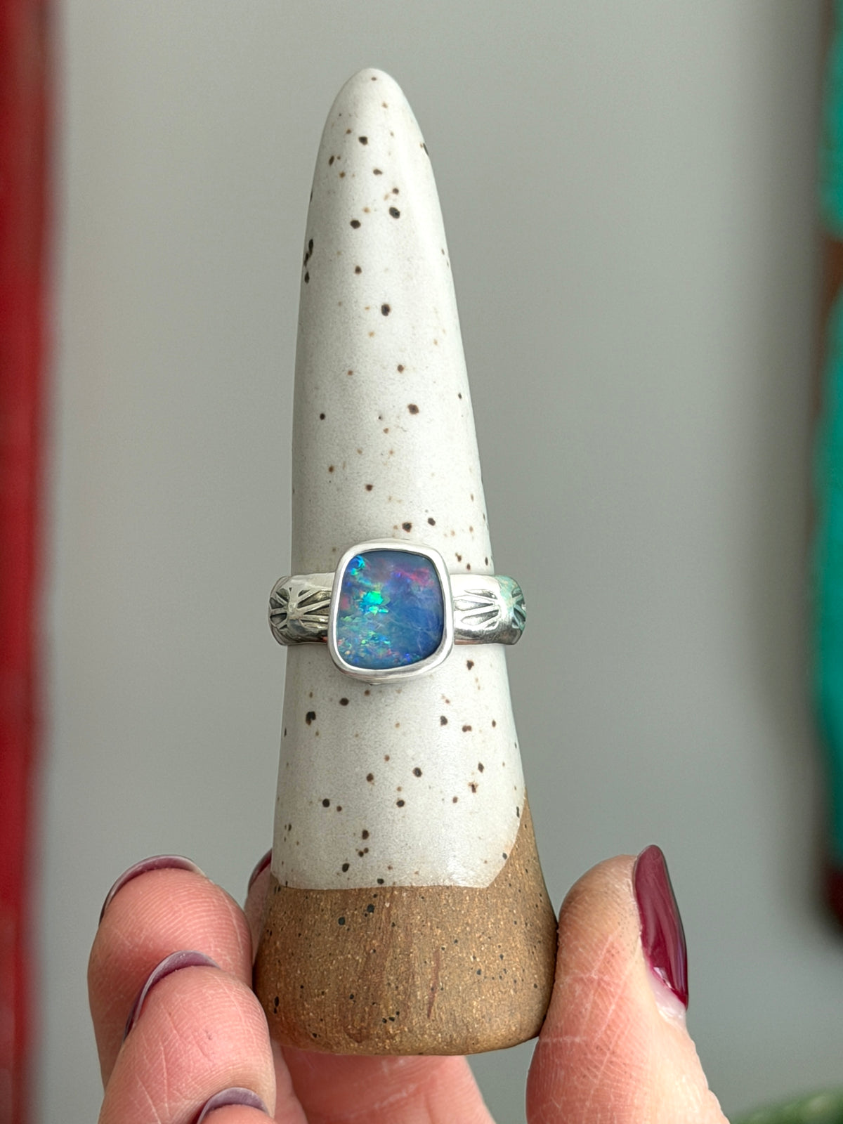 Coober Pedy Opal Ring Square size 9.25 STAMPED BAND