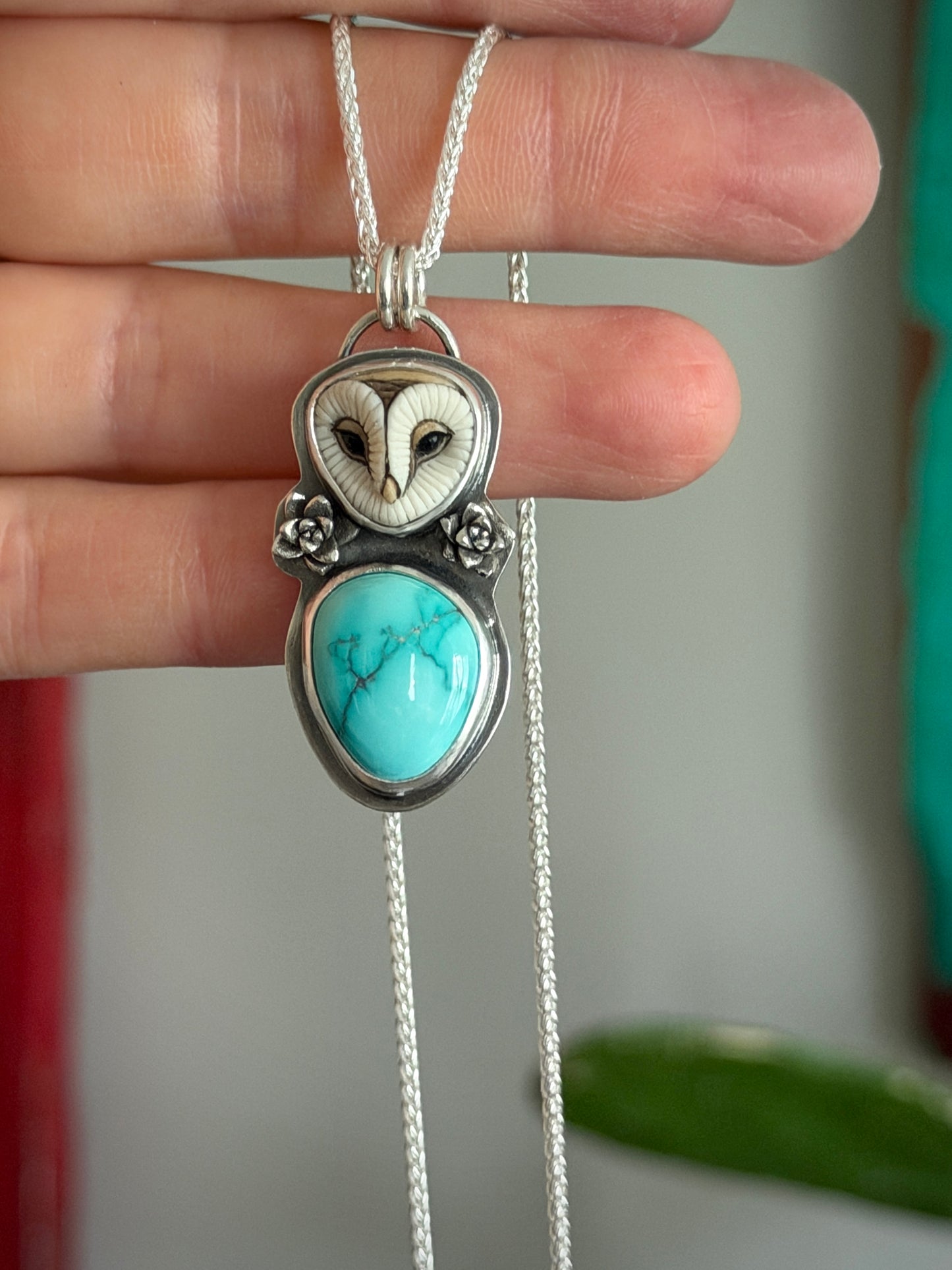 Lone Mountain Turquoise Laura Mears Owl Pendant with Succulents in Blue