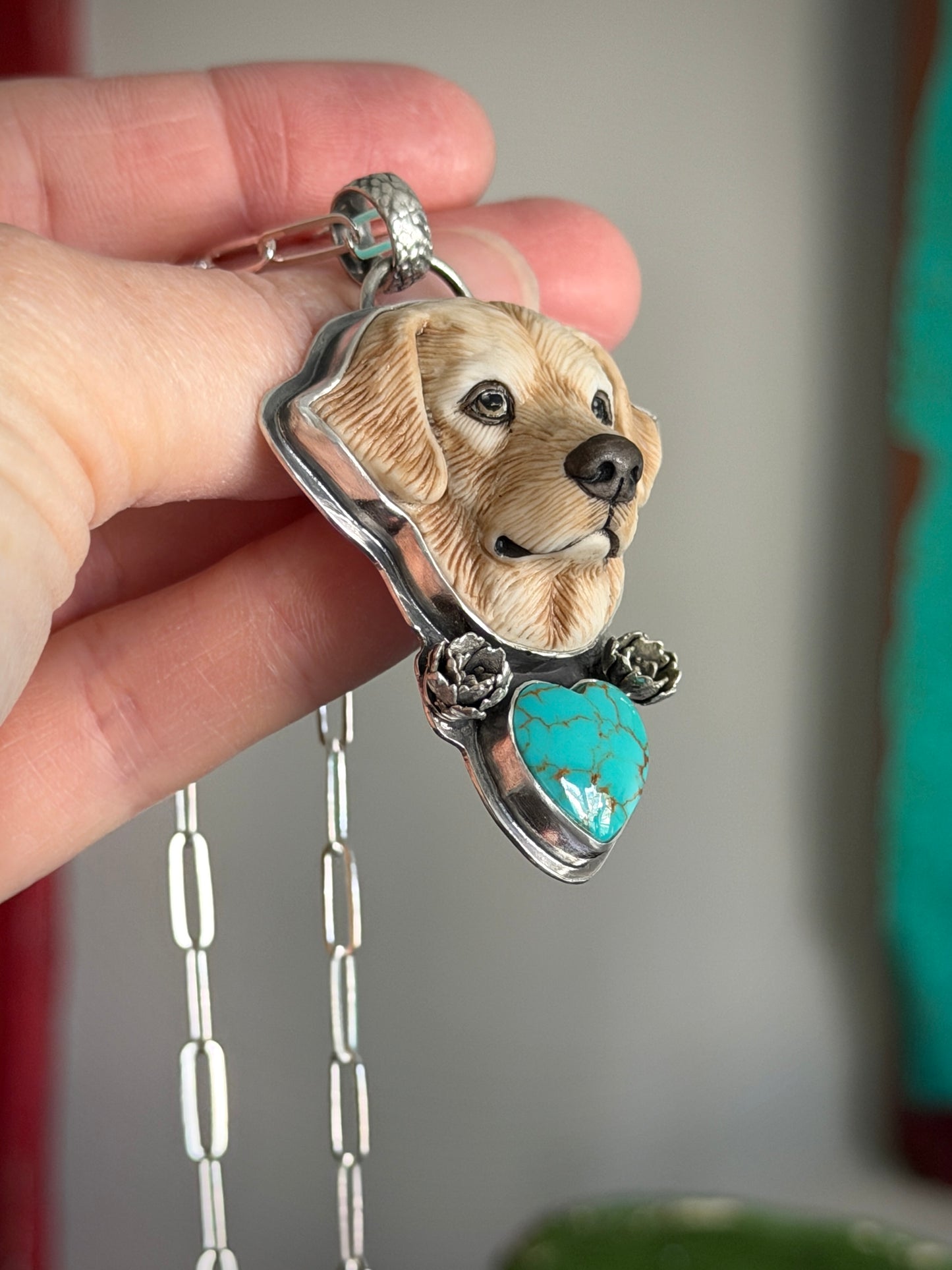Laura Mears Golden Retriever Labrador Pendant with Heart + Succulents