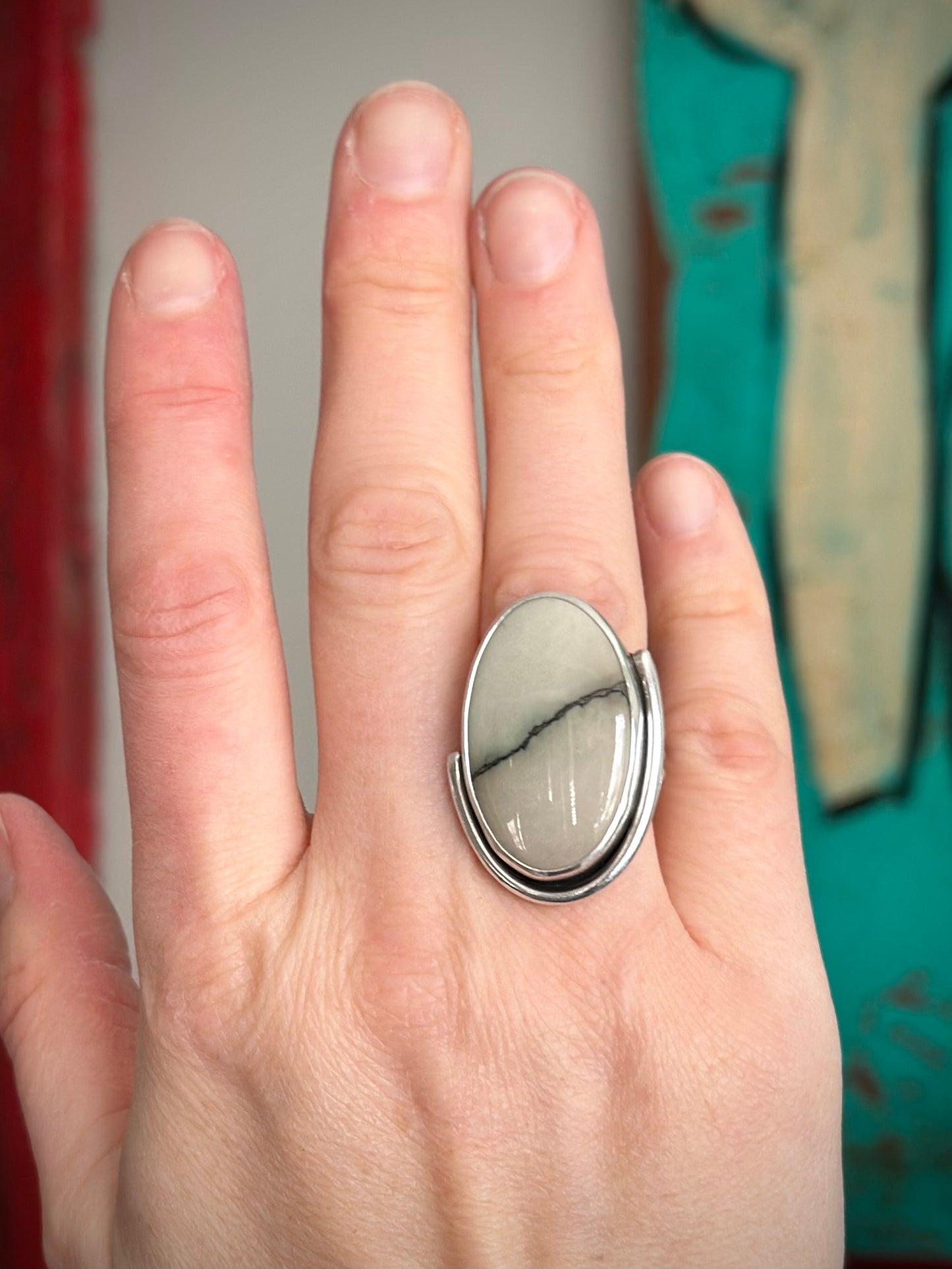 Ivory Desert Bloom Variscite Ring Art Deco in size 8