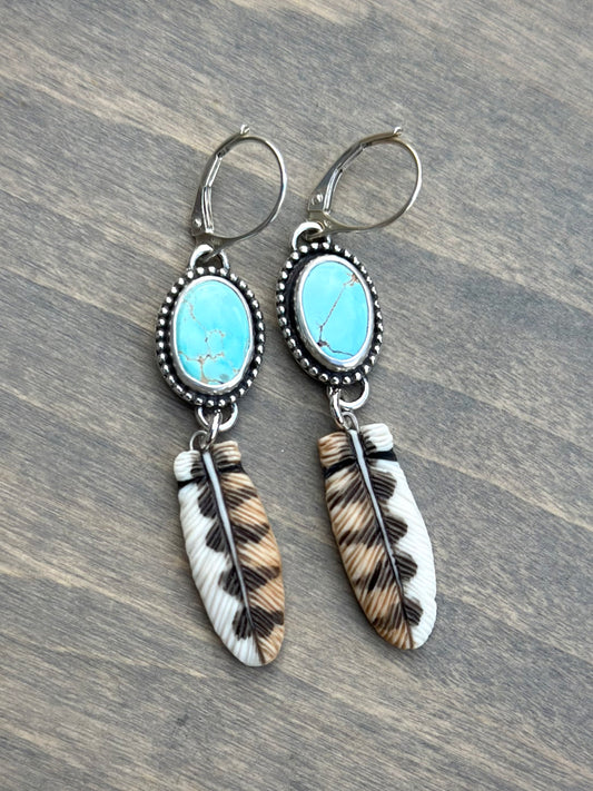 Royston Turquoise + Owl Feather Earrings