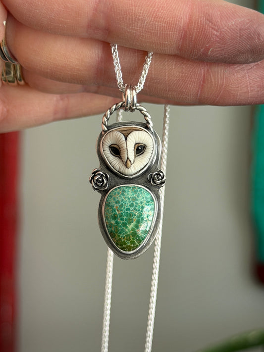 Natural Kingman Turquoise Laura Mears Owl Pendant with Succulents