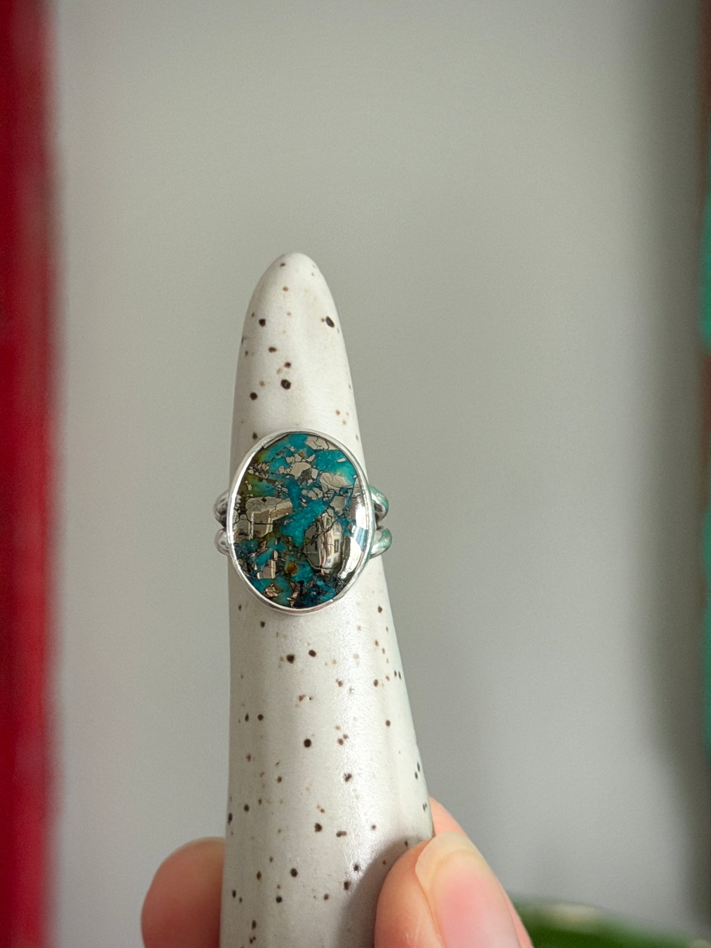 Morenci 2 Turquoise Ring with Pyrite size 4.75