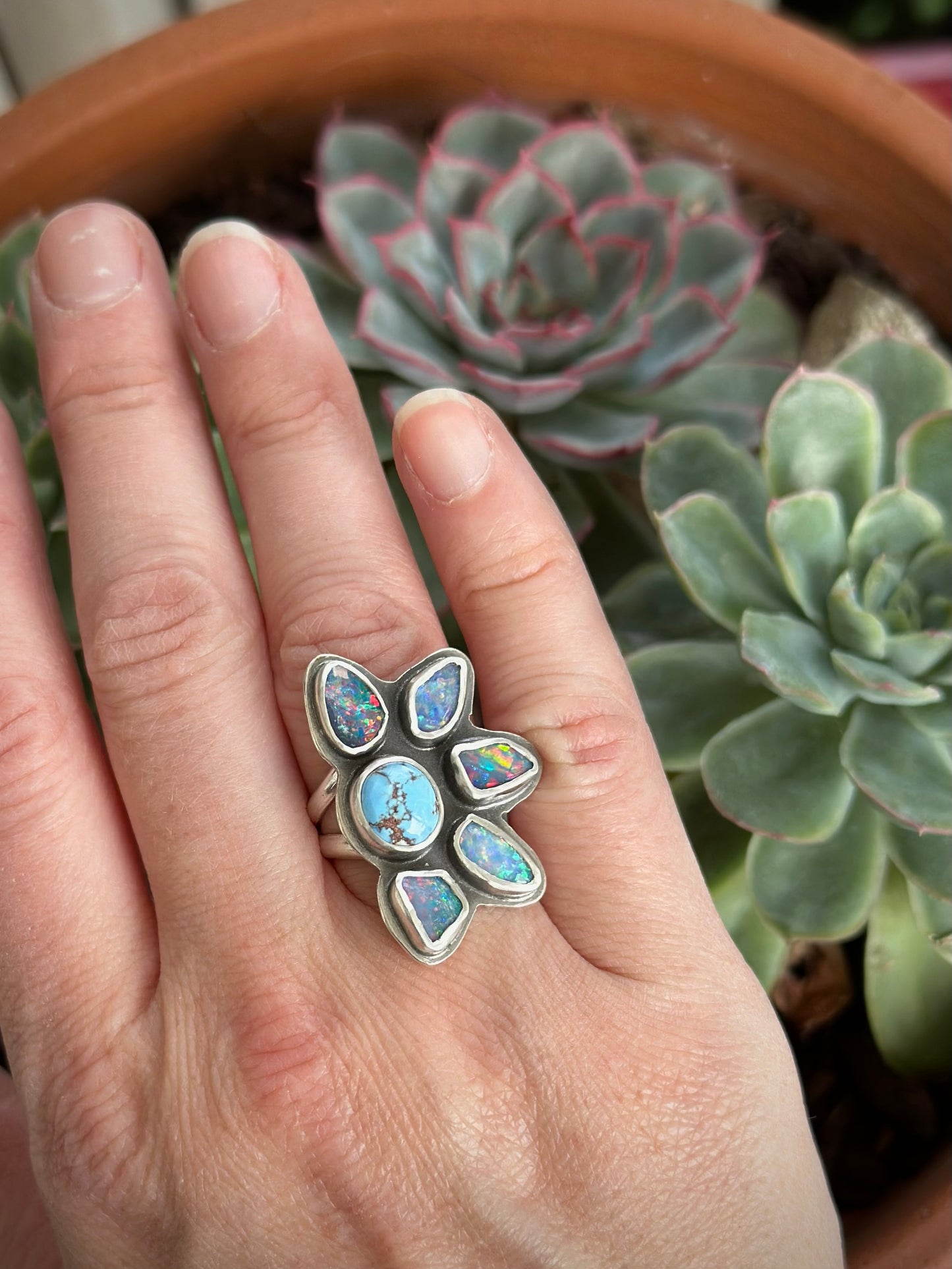 Coober Pedy Opal Half Flower Ring in size 7-3/4