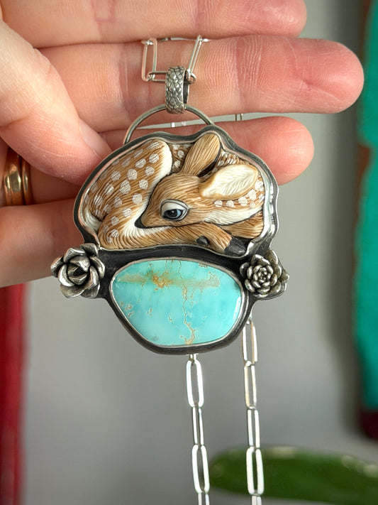 As Is Royston Turquoise Laura Mears Fawn Pendant with Succulents